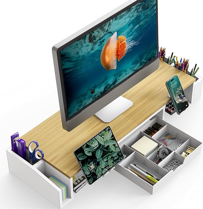 Simple Houseware Desk Dual Monitor Stand Riser with Drawer, Oak | Customizable Organizer Tray, Built-In Phone & Tablet Slot and Side Storage - Image 2