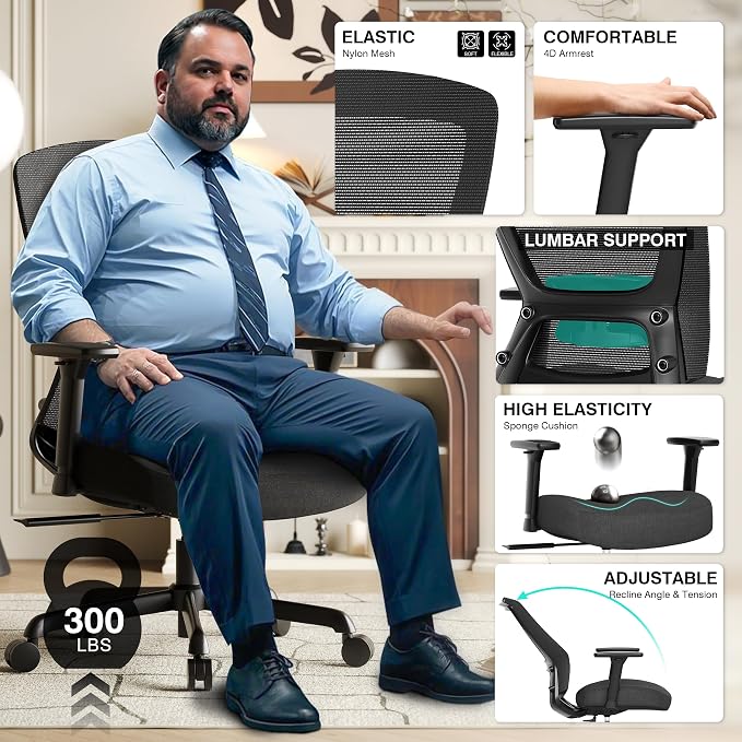 Mesh Office Chair,Ergonomic Computer Desk Chair,Sturdy Task Chair- Adjustable Lumbar Support & Armrests,Tilt Function,Comfort Wide Seat,Swivel Home Office Chair (Noir Black) - Image 5