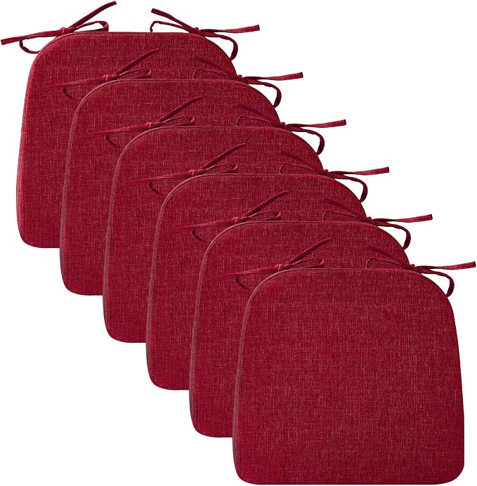 Ruqmuis Chair Cushions for Dining Chairs, 2" Thick Seat Cushions for Kitchen Chairs, D-Shaped Chair Pads with Washable Cover, Ties and Non Slip Backing, 17'' x 16'', Set of 6, Red by Ruqmuis