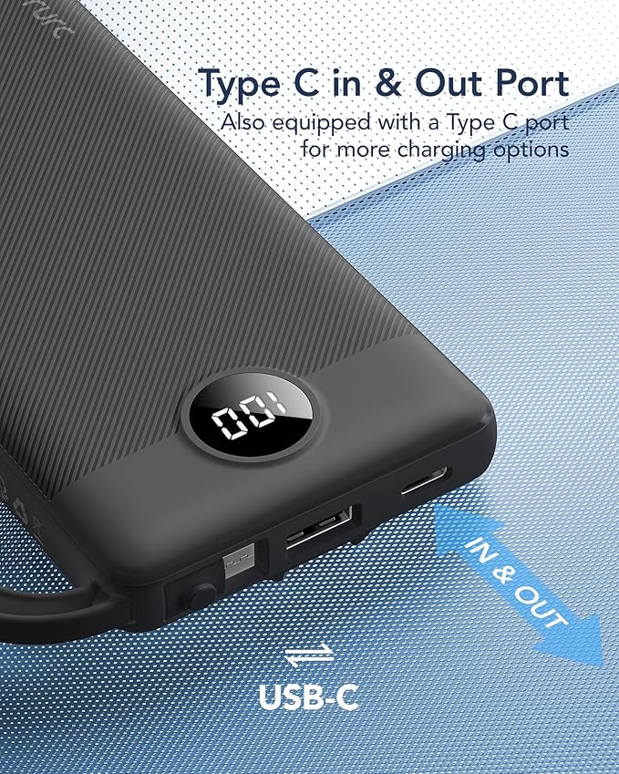 VRURC Portable Charger Power Bank, Built-in 4 Cables & 2 Ports 10000mAh | LED Display Slim Battery Pack,Compact Travel Essential Portable Phone Charger 5 Output for Multi Devices,Student/Teens(1Pack) - Image 6