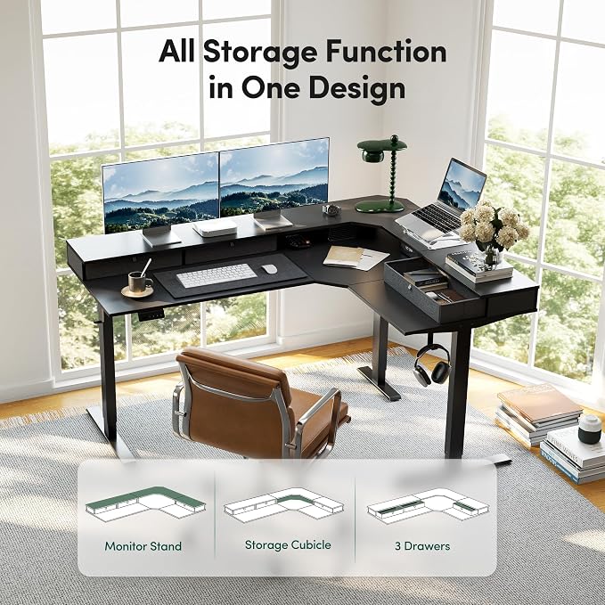 CubiCubi 63x48 Inches L Shaped Standing Desk with 3 Drawers and Monitor Shelf, Height Adjustable Corner Computer Desk with Hooks, Sit Stand Up Ergonomic Home Office Workstation Table, Black - Image 4