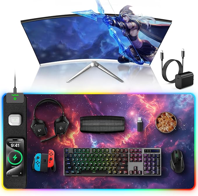 TopMade Wireless Charging Mouse Pad, RGB Gaming Mousepad Home Office Desk Pad, 31.5” x 15.8” Large Desk Mat, Waterproof Keyboard Pad, Red Nebula (Includes 20W PD Power Adapter & 6.56ft Woven Cable) by TopmadeProduct-Ordernow