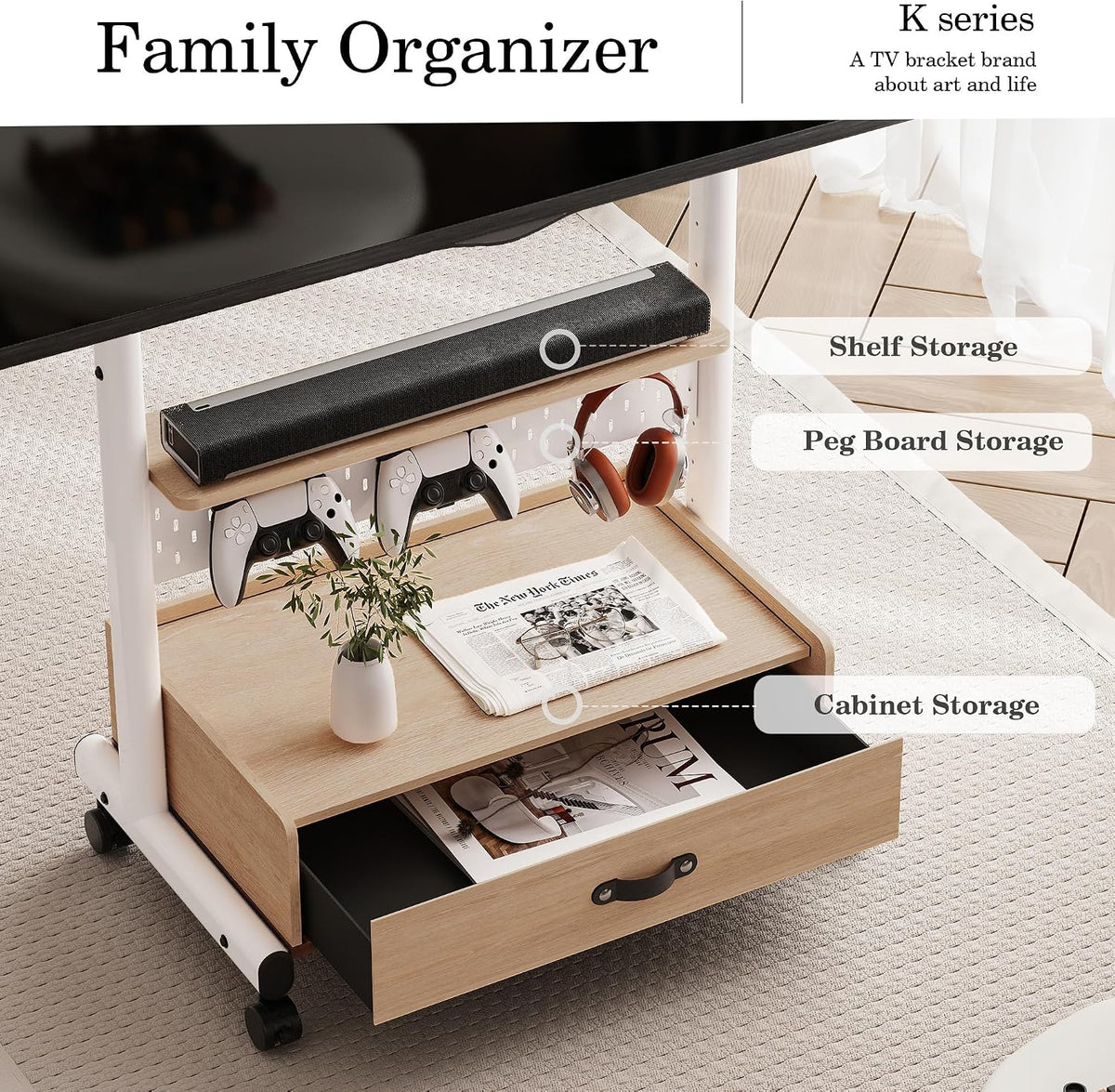 FITUEYES Rolling TV Stand on Wheels Lockable for 40-85 Inch TVs, White - Image 6