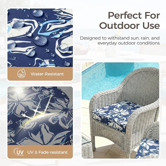 UNIKOME Outdoor Chair Cushions Set of 4, Water Resistant Patio Seat Cushions with Ties for Outdoor Furniture, High-Density Foam, UV & Fade Resistant, Piped Edge – 19" x 19" x 3", Blue-White Flower - Image 3