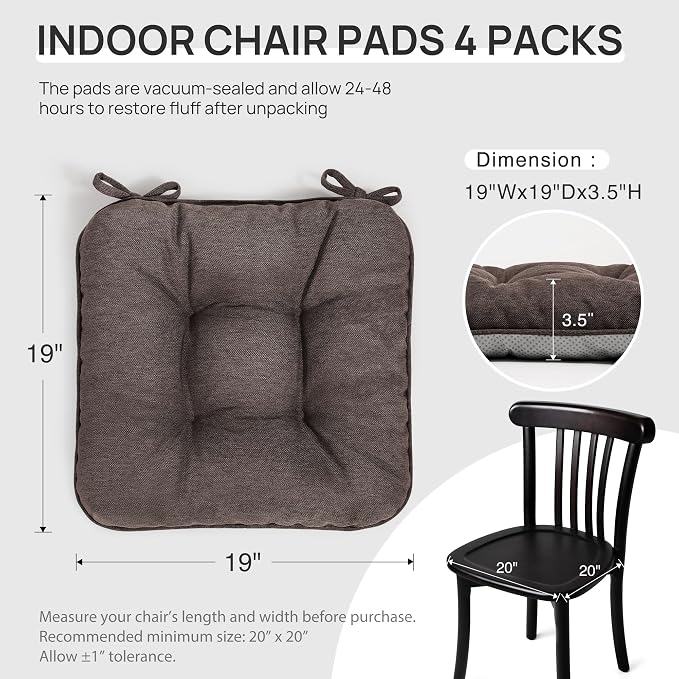 Love's cabin Memory Foam Chair Cushions Set of 4, 19 Inch, Coffee | 19"x19"x3.5", Indoor & Outdoor Chair Seat Pads with Non-slip Bottom and Ties, for Dining, Kitchen, Office and Patio Chair - Image 2