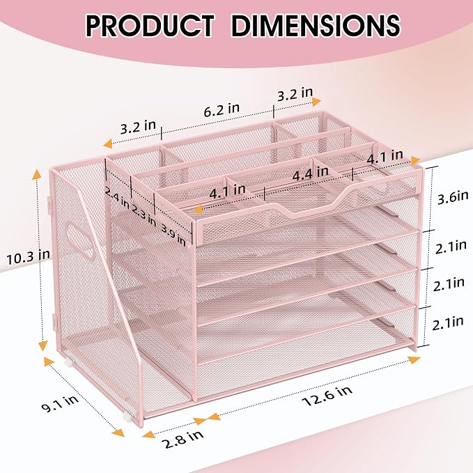 5 Tier Paper Letter Tray Desk Organizer with Pen Holders - Pink | Features 3 pen holders and 4 removable dividers.Versatile mesh desktop storage for mail, document,office supplie - Image 2