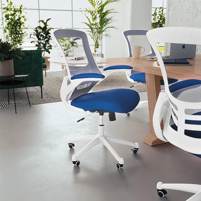 Flash Furniture Kelista Office Chair, Ergonomic, Mid-Back, White Frame, Blue Mesh with Swivel | White Frame, Mid-Back, Flip-Up Arms, Mesh Back - Image 2
