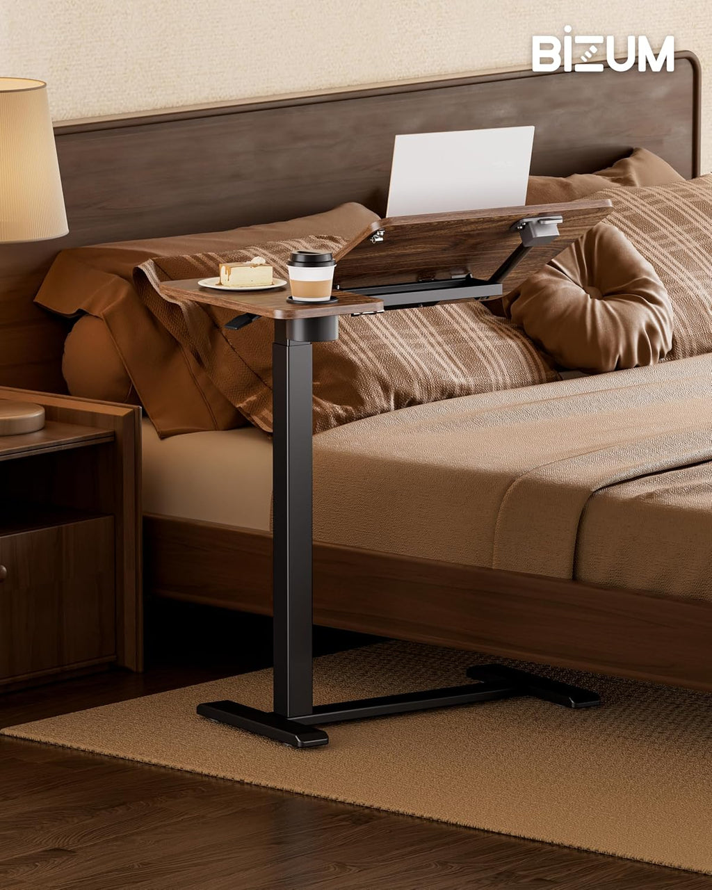 BZIUM Overbed Bedside Table with Hidden Wheels, Adjustable Medical Tilt Top Hospital Bed Table Over The Bed, Rolling Desk Mobile Standing Desk (27.6x15.8, Walnut) - Image 2