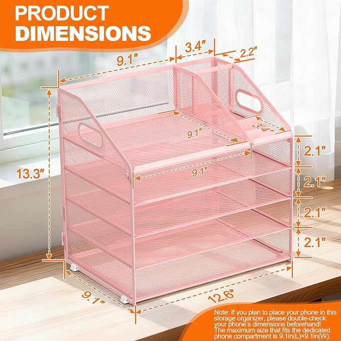DocNest 5 Tier Metal Mesh Desk File Organizer with Phone Shelf, Pink | Desktop letter tray sorter features a 9.1x9.1 inch top phone holder, built-in sticky note compartment and pen holder - Image 2