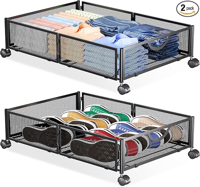 Yecaye Under Bed Storage with Wheels, 2 Pack Under Bed Shoe Storage, Black | Sturdy All-Metal Frame, Foldable, 360° Rolling Wheels, Tool-free Assembly, Underbed Storage Drawers for Shoes, Toys, Clothes by Yecaye