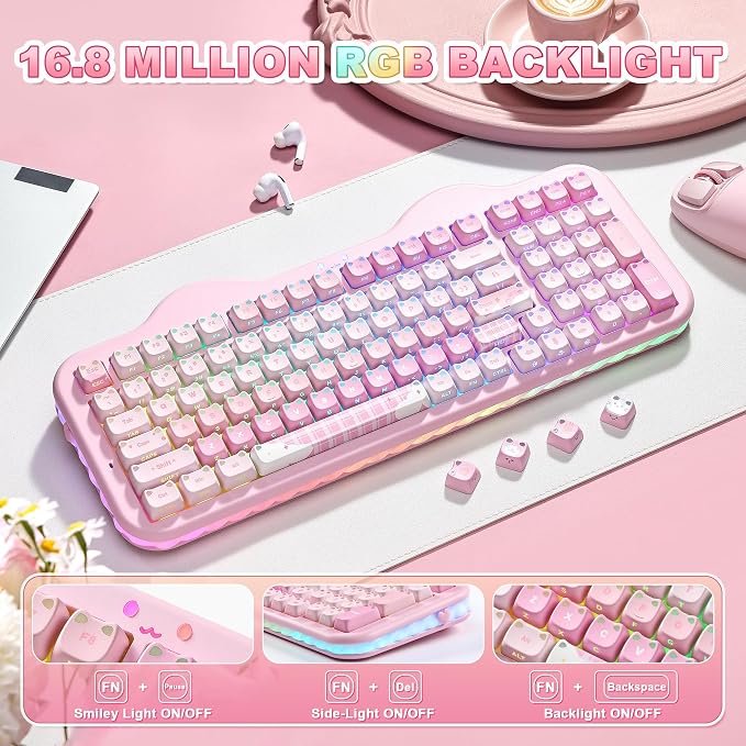 YUNZII C98 Cute Wireless Mechanical Keyboard(Pink Mao, Candy Switch) | Cake Keyboard,99 Keys with Number Pad, MAO Keycaps, BT5.0/2.4G/USB-C,Hot Swap, Gasket Mount, Custom RGB Backlight for Win/Mac - Image 7
