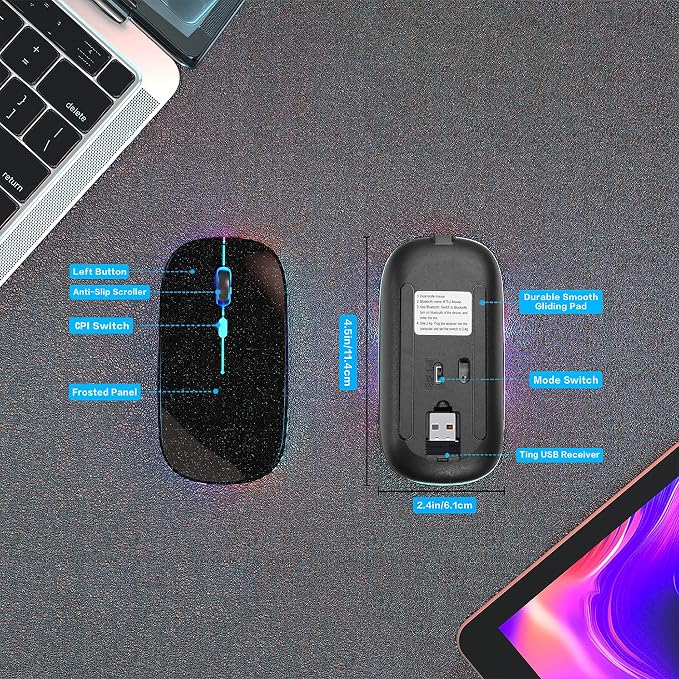 AIKOKOK Wireless Mouse, Bluetooth Mouse Rechargeable Dual Mode, Pearl Black | BT 5.2 & 2.4G USB Receiver, 3 Adjustable DPI,LED Lights,Slim,Silent,Portable Computer Mouse for Laptop,PC,MacBook,iPad,Tablet - Image 5
