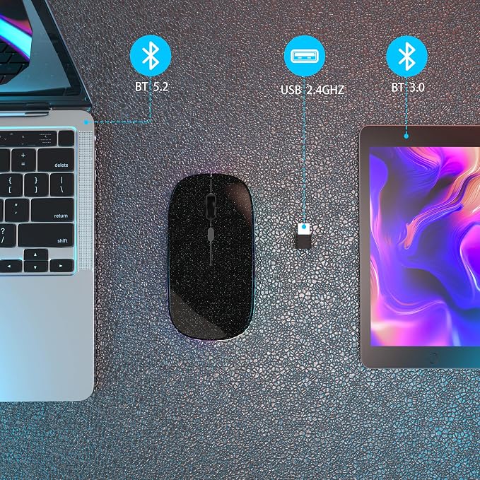 AIKOKOK Wireless Mouse, Bluetooth Mouse Rechargeable Dual Mode,Bright Black | Bluetooth 5.2 & 2.4G USB Receiver, 3 Adjustable DPI, Slim, Silent, Portable Computer Mouse for Laptop, PC,MacBook,iPad,Tablet - Image 5