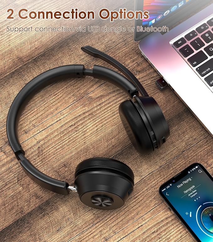 Wireless Headset with Mic for Work, Bluetooth Headset with Noise Cancelling | Headphones with Microphone Mute & USB Dongle for PC/Computer/Laptop/Cell Phones/Remote Work/Call Center (Black) - Image 4