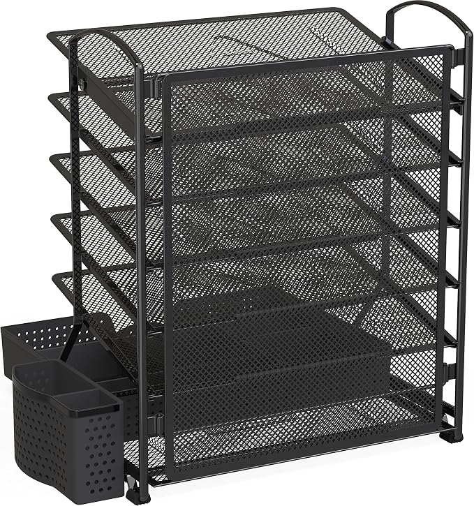 Simple Houseware 6-Tier Desk File Organizer w/Drawer & Pen Holder, Black | 5 Tilted Letter Trays for A4 Paper, Mail and Documents - Image 5