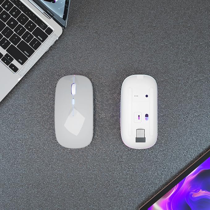 AIKOKOK Wireless Mouse, Bluetooth Mouse Rechargeable Dual Mode, Silver | BT 5.2 & 2.4G USB Receiver,3 Adjustable DPI,LED Lights,Slim,Silent,Portable Computer Mouse for Laptop,PC,MacBook,iPad,Tablet - Image 6