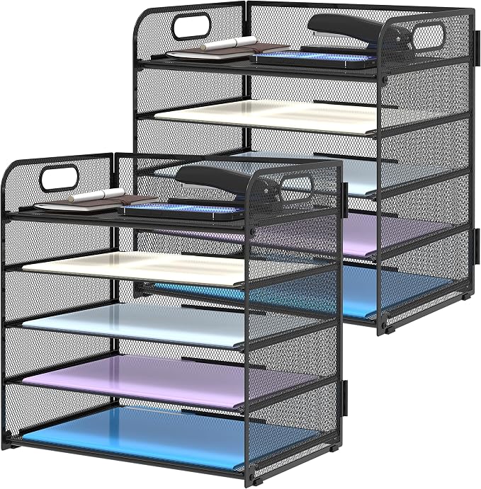 2 Pack 5-Tier Desk Organizer with Handle Mesh Desk File/Paper Organizer Letter Tray for Office, School, Classroom and Home Easy Installation, Black by SUPEASY