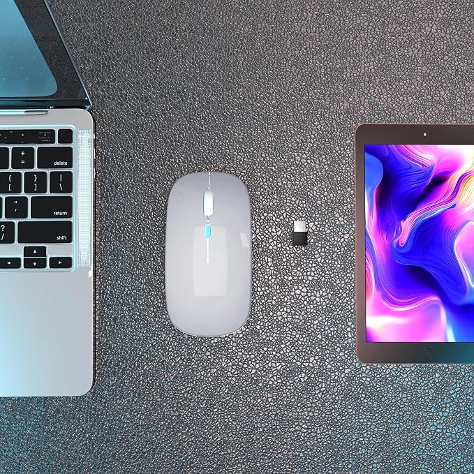 AIKOKOK Wireless Mouse, Bluetooth Mouse Rechargeable Dual Mode, Silver | BT 5.2 & 2.4G USB Receiver,3 Adjustable DPI,LED Lights,Slim,Silent,Portable Computer Mouse for Laptop,PC,MacBook,iPad,Tablet - Image 4