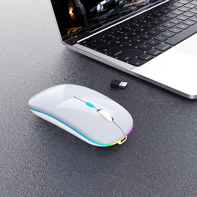 AIKOKOK Wireless Mouse, Bluetooth Mouse Rechargeable Dual Mode, Silver | BT 5.2 & 2.4G USB Receiver,3 Adjustable DPI,LED Lights,Slim,Silent,Portable Computer Mouse for Laptop,PC,MacBook,iPad,Tablet - Image 2