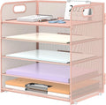 5 Trays Paper Organizer Letter Tray with Handle-Mesh Desk File Holders, Paper Sorter Desk Organizer for Office, Home, Classroom or School, Pink by SUPEASY