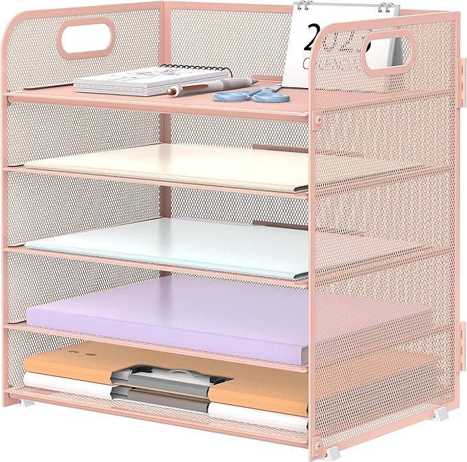 5 Trays Paper Organizer Letter Tray with Handle-Mesh Desk File Holders, Paper Sorter Desk Organizer for Office, Home, Classroom or School, Pink by SUPEASY