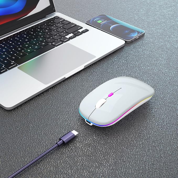 AIKOKOK Wireless Mouse, Bluetooth Mouse Rechargeable Dual Mode, Silver | BT 5.2 & 2.4G USB Receiver,3 Adjustable DPI,LED Lights,Slim,Silent,Portable Computer Mouse for Laptop,PC,MacBook,iPad,Tablet - Image 3