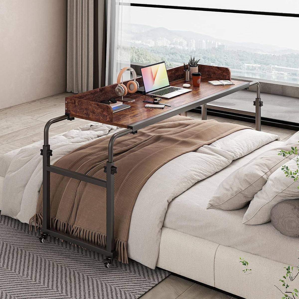 Furist Overbed Table with 360° Wheels, Queen Size Mobile Bed Desk, Recliner Table Over Bed Table Adjustable Height and Length Overbed Table with Heavy Duty Metal Leg for Hospital and Home use - Image 3