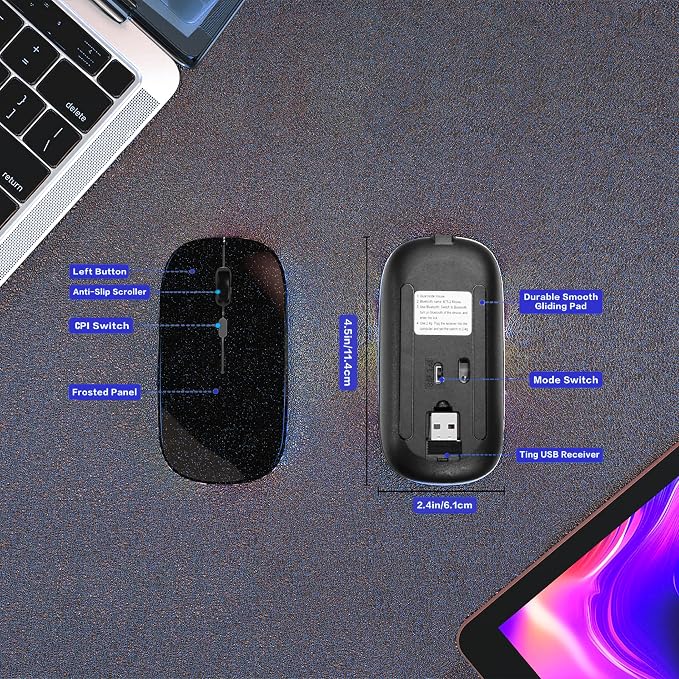 AIKOKOK Wireless Mouse, Bluetooth Mouse Rechargeable Dual Mode,Bright Black | Bluetooth 5.2 & 2.4G USB Receiver, 3 Adjustable DPI, Slim, Silent, Portable Computer Mouse for Laptop, PC,MacBook,iPad,Tablet - Image 3